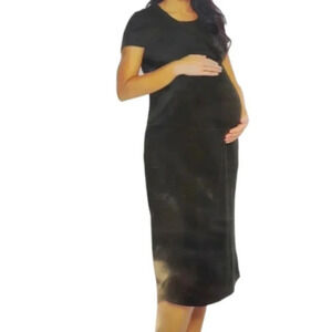 Black Womens Maternity Dress Short Sleeve, Side Rouching, Scoop Neck Semi Fitted